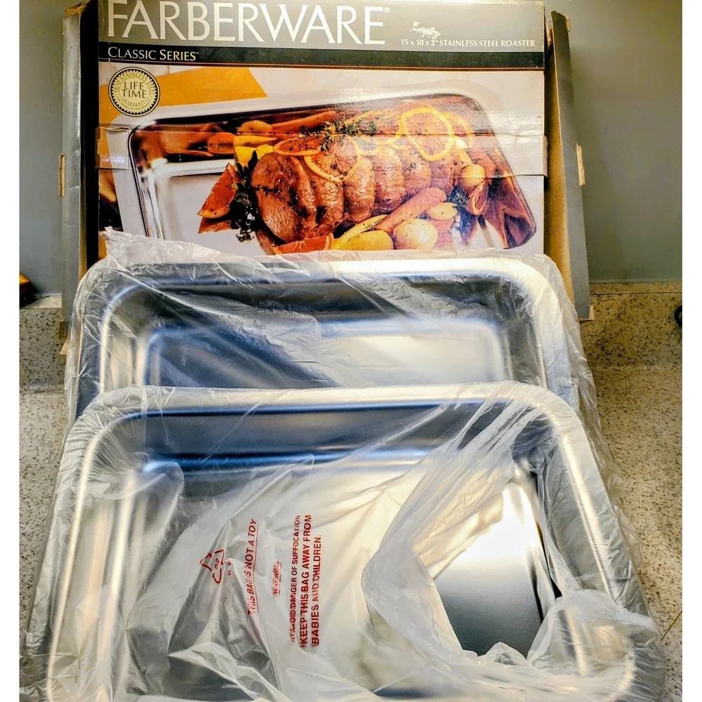 2 VTG New Farberware Classic Oven Roaster Stainless Steel Lifetime Warranty Box